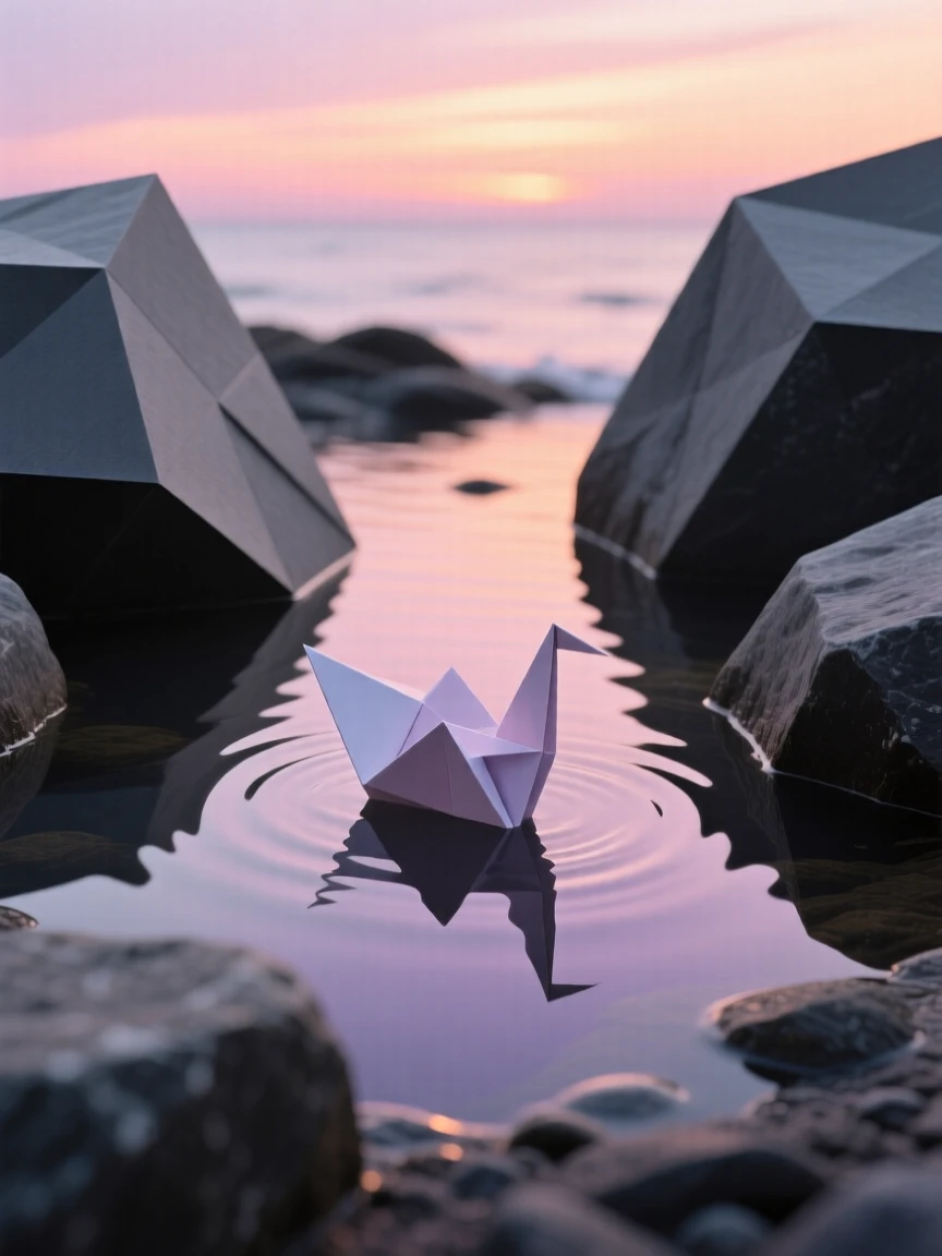 A tranquil tide pool reflecting a pastel sunset sky between smooth dark rocks.