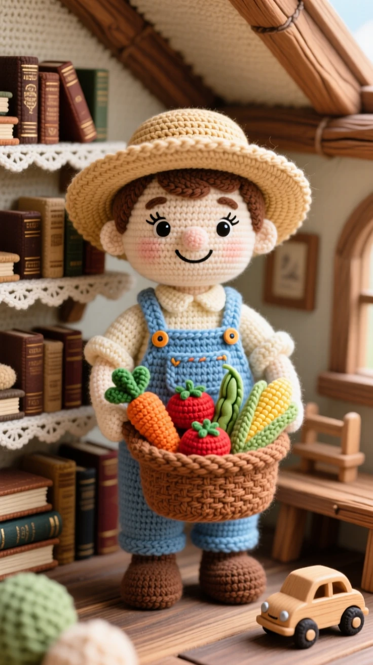 a cheerful farmer, with a straw hat and overalls, carrying a basket of freshly picked vegetables, in a snug attic study filled with old books, with a small wooden toy left on a bench nearby, conveying tender patience and unhurried craftsmanship.