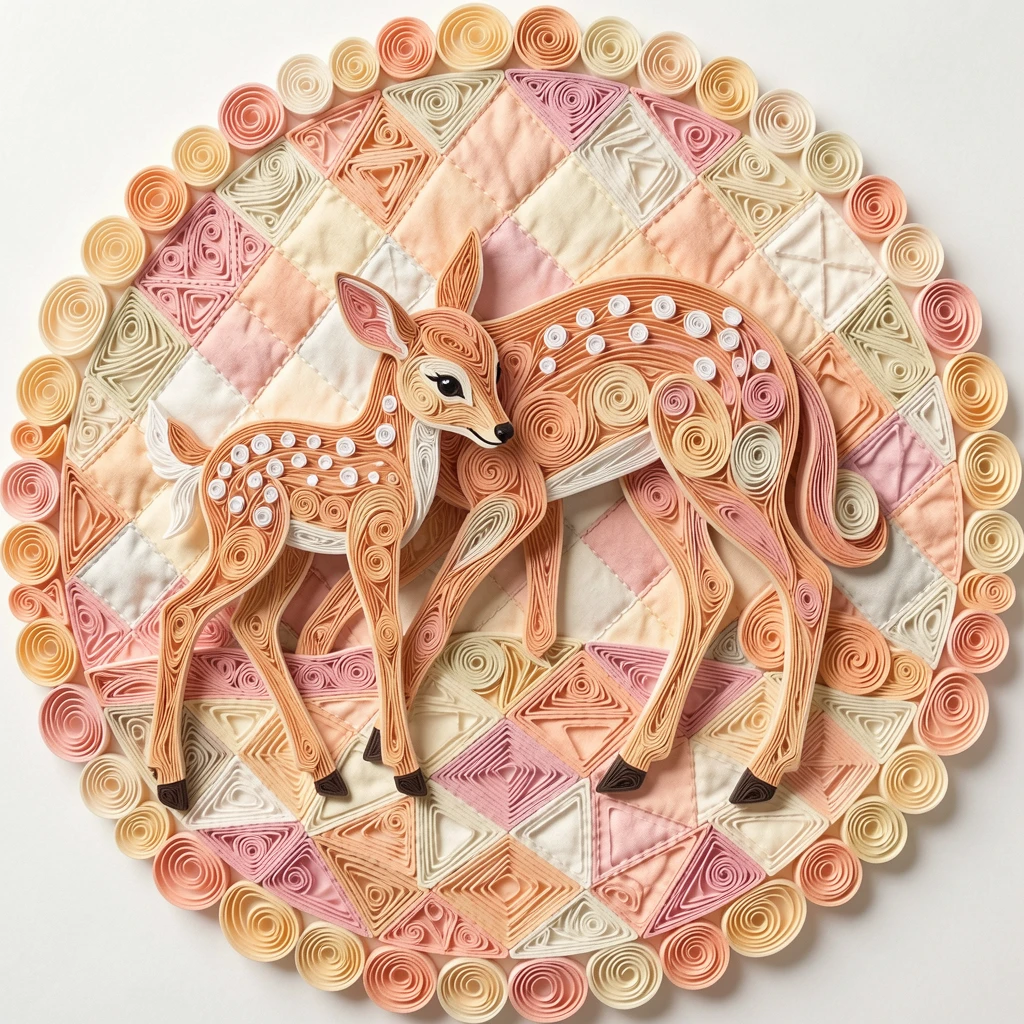 a fawn with white spots nuzzling its mother, on a quilted patchwork blanket in a backyard, framed in a close-up circular vignette, in warm pastel tones of peach, cream, and soft pink.