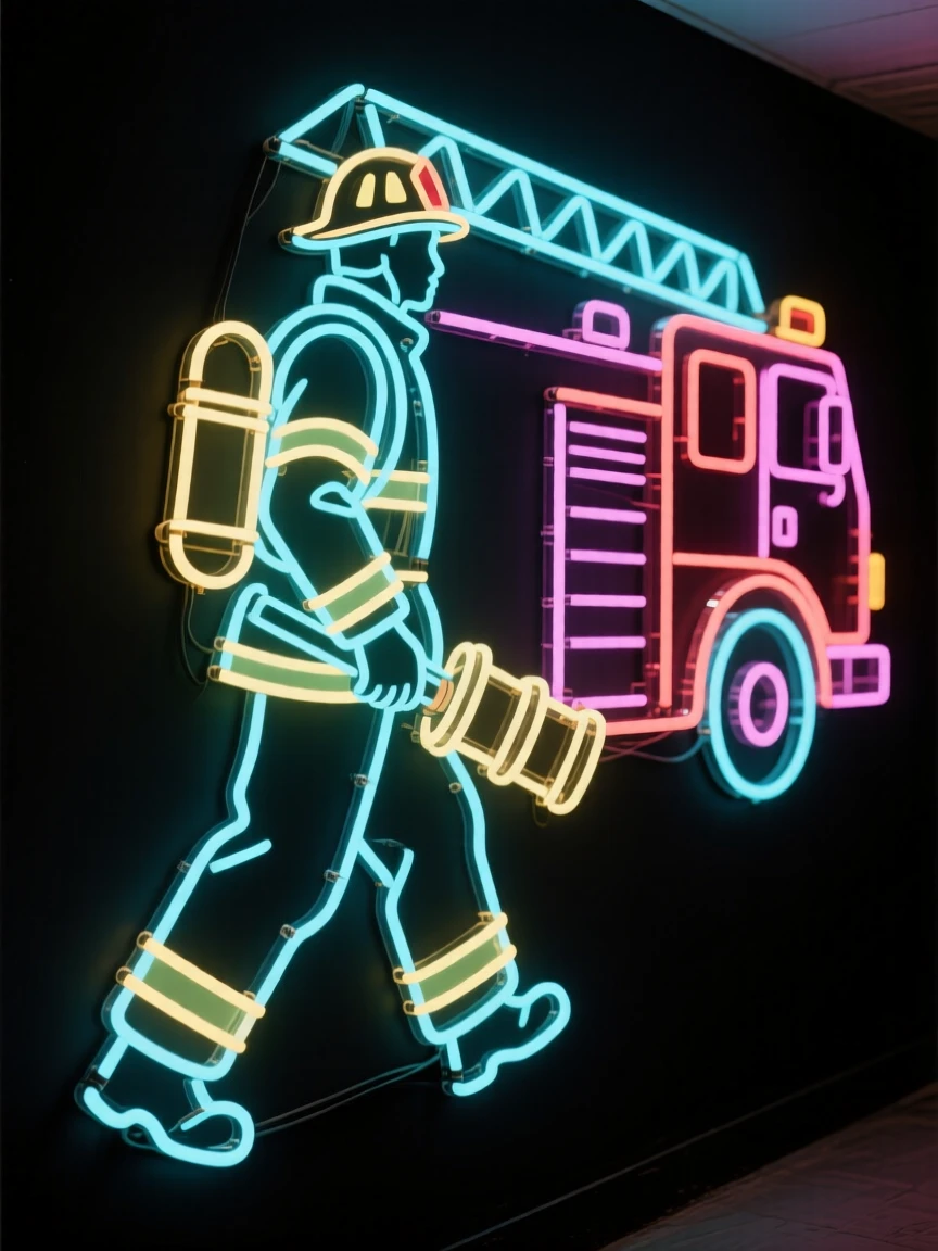 A firefighter carrying equipment toward a waiting truck.