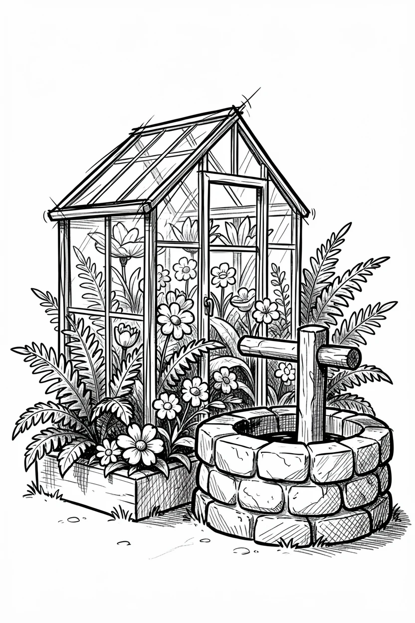 A greenhouse full of ferns and blooms next to an old stone well.