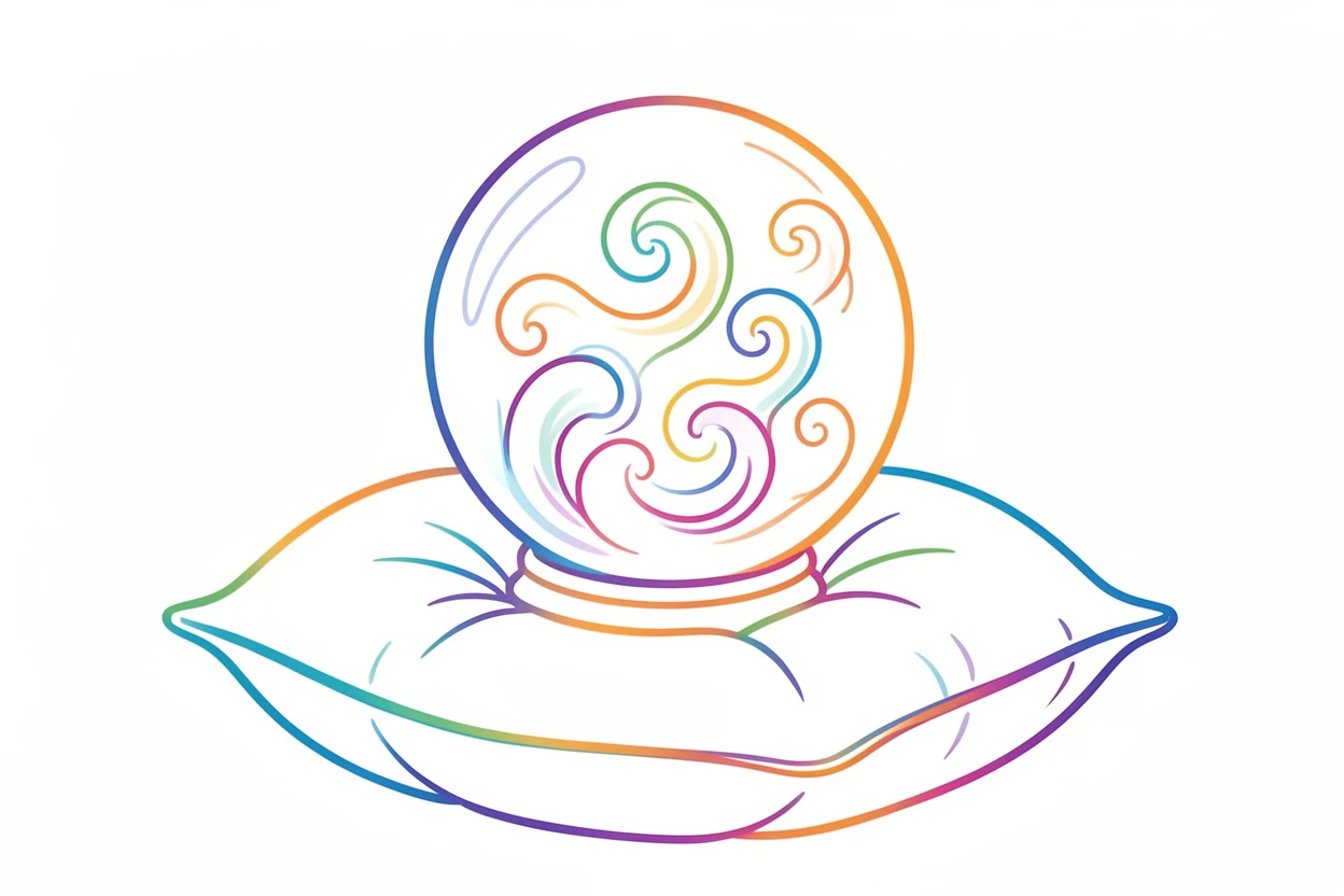 A crystal ball resting on a velvet cushion, swirling mist visible inside.