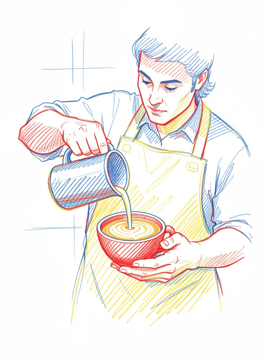 A barista carefully pouring latte art into a warm ceramic cup