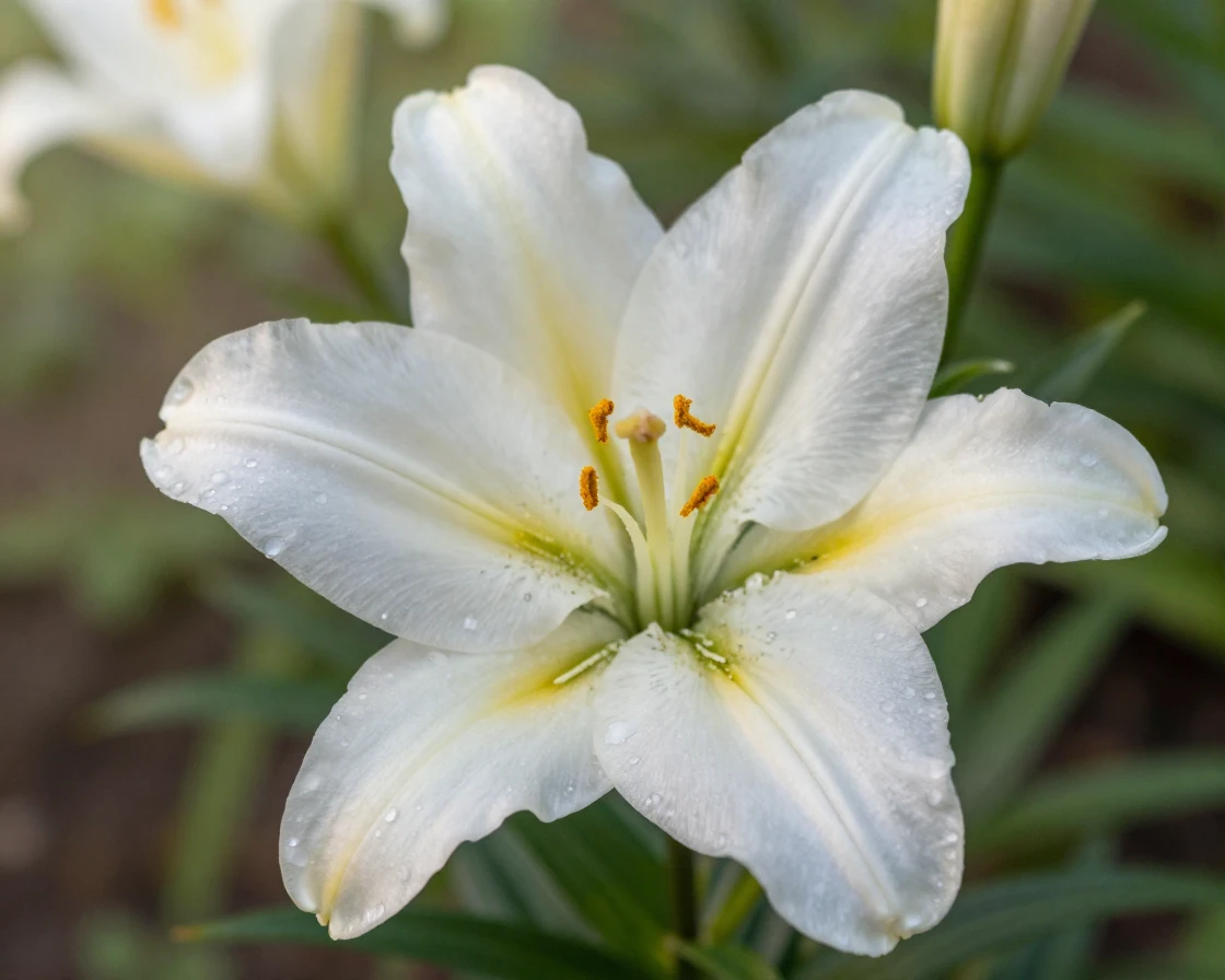A single white lily glistening with morning dew