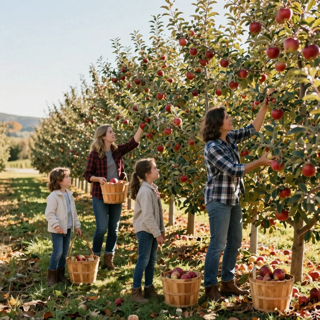A family harvests apples together, filling baskets in a sprawling orchard.