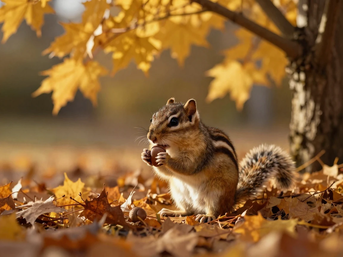 A tiny chipmunk stuffing its cheeks with acorns beneath a golden autumn tree
