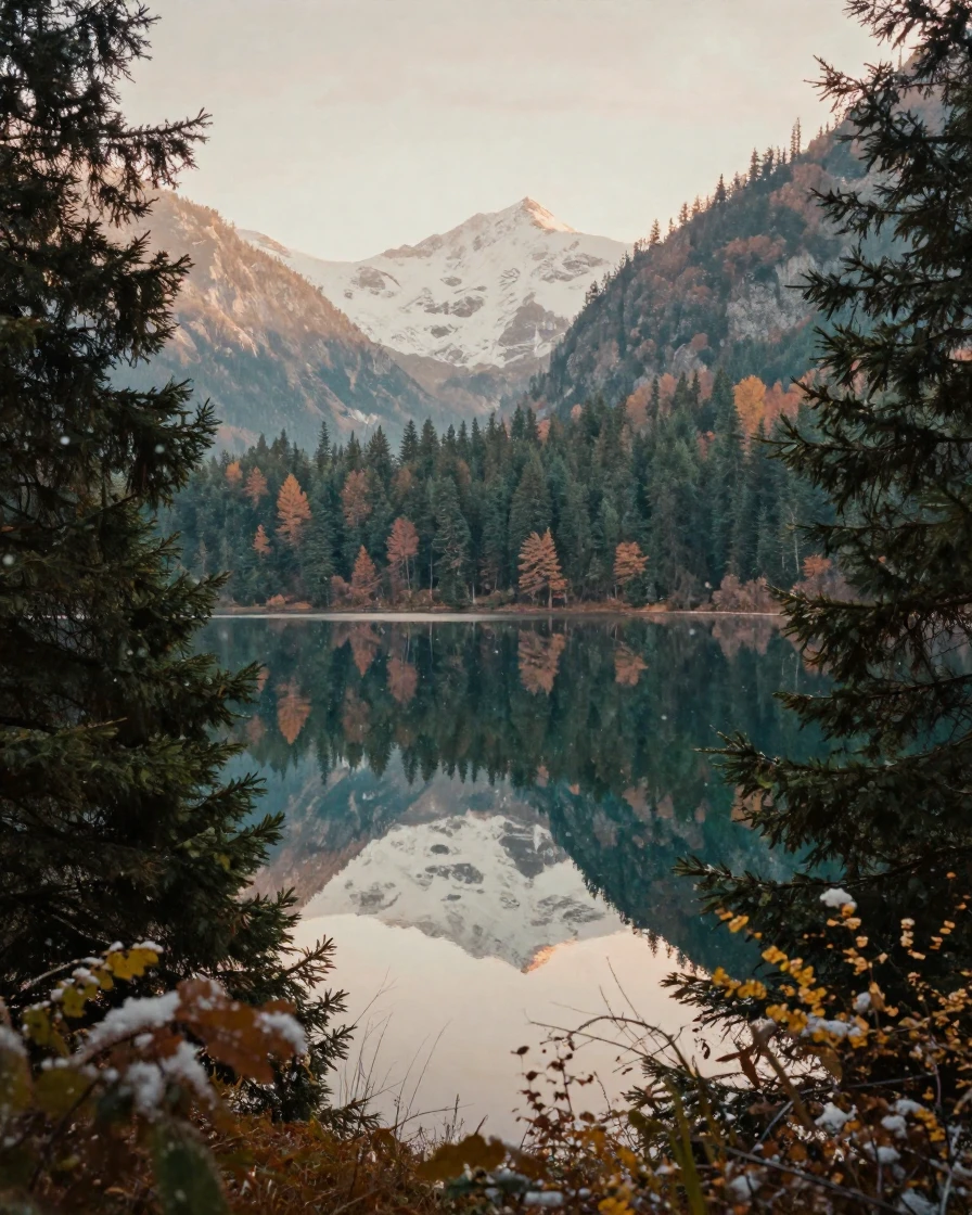 A still mountain lake perfectly mirroring the surrounding peaks, in the pale light just before sunrise, amid gently falling snow, in late autumn, with deep emerald greens and browns, peering through foliage in the foreground.