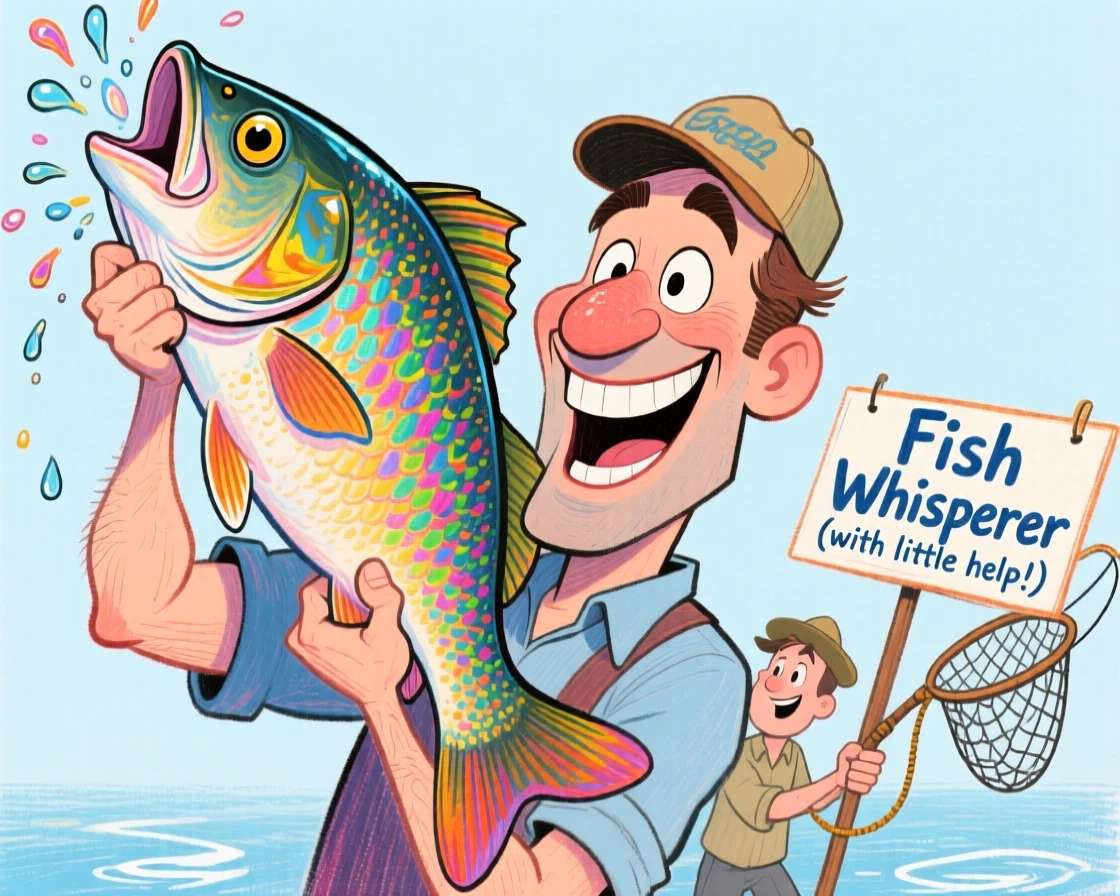 A man triumphantly showing off a fish he clearly caught with help.