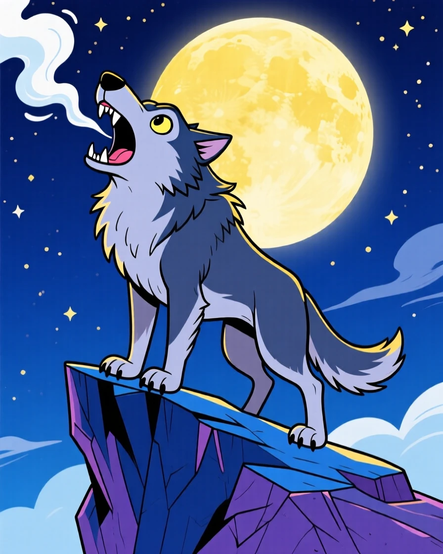 A charming animal moment featuring a majestic wolf howling atop a moonlit cliff, breath visible in the icy air.