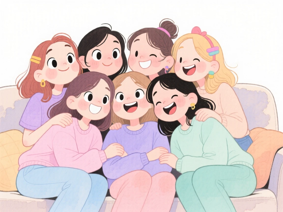 A close-knit group of girlfriends piled together on a couch for a cozy movie night