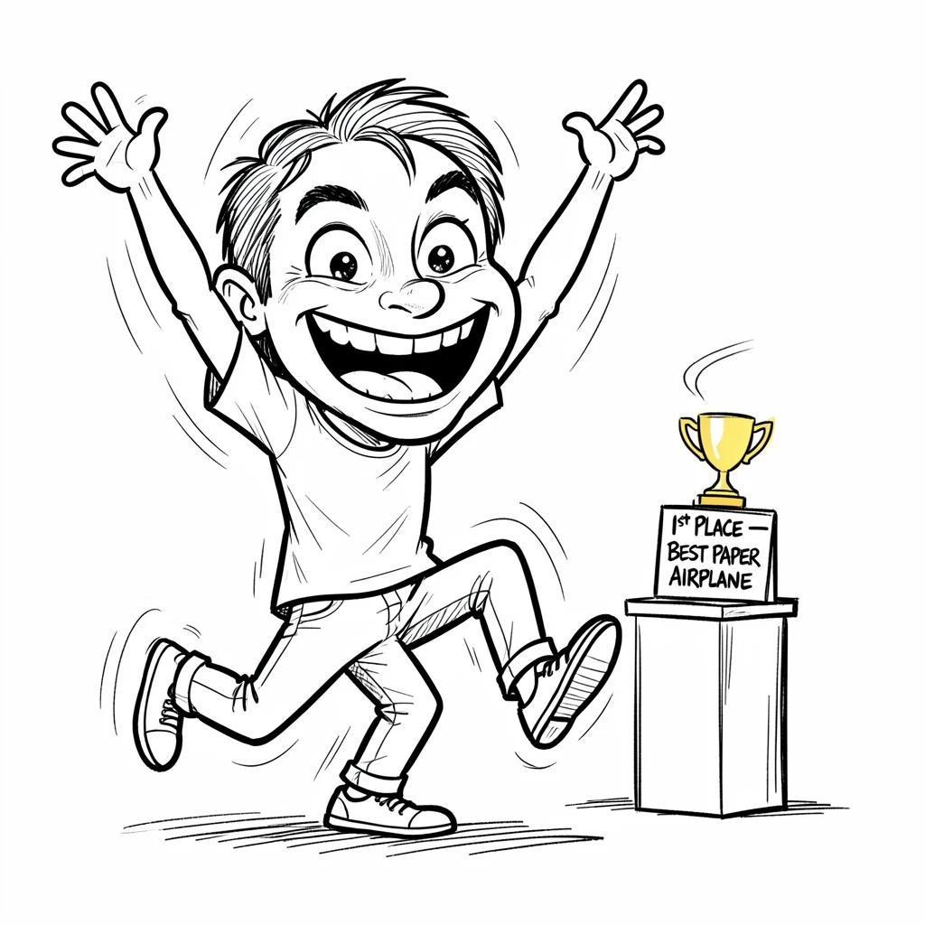 [Funny & Exaggerated Situations] Comical scene of a person doing an exaggerated victory dance after winning a small prize, exaggerated for maximum laughs