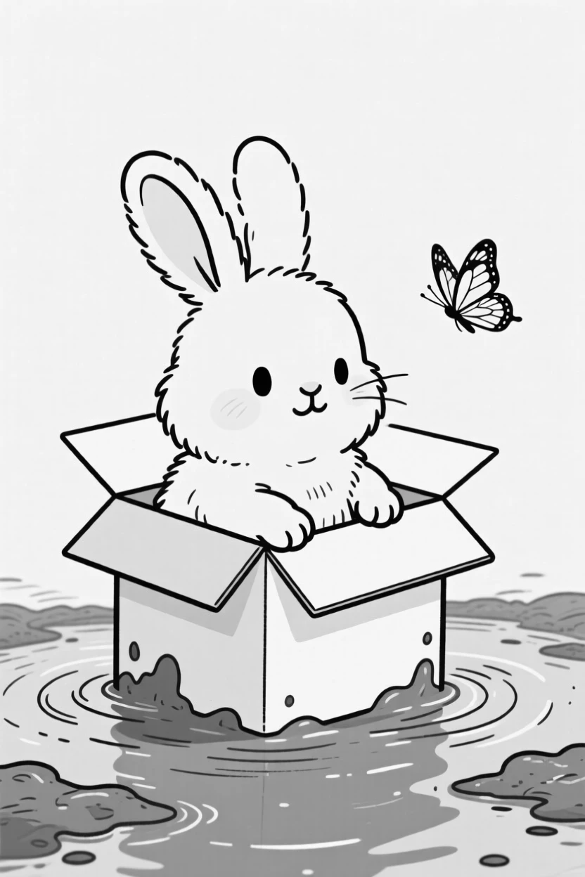A fluffy bunny with one ear standing straight up, trying to fit into a box far too small, set wading in a shallow muddy river. A butterfly drifts obliviously past. The scene captures unconditional, goofy love.