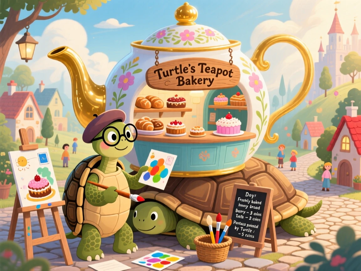 A turtle who paints postcards is running a bakery inside a giant teapot in a kingdom built on the back of a giant tortoise, with everything wrapped in a cozy, storybook charm.