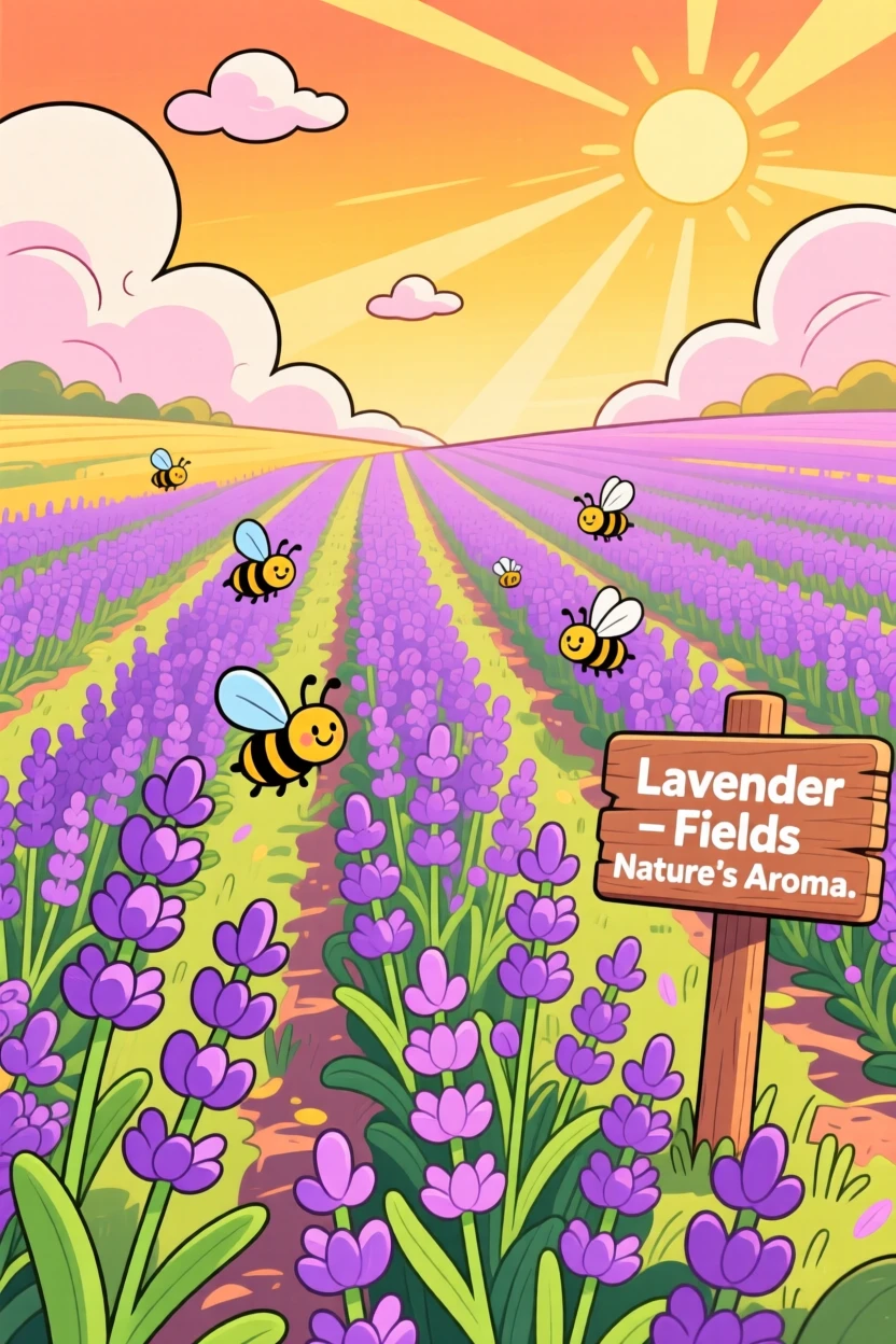 A field of lavender rows stretching under a golden afternoon sky.
