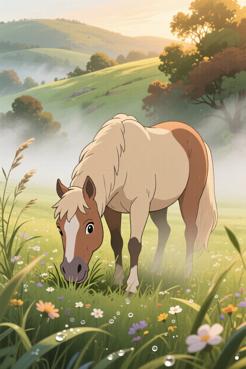 A horse grazing peacefully in a misty pasture, with soft afternoon light warming its fur, radiating pure charm.