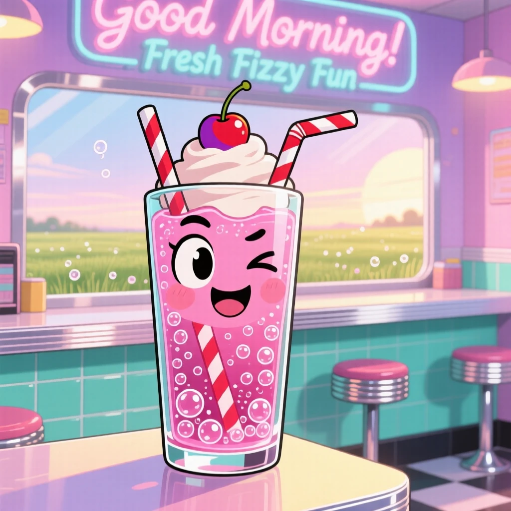 In a retro diner counter, a bubbly soda-pop character is fizzing with excitement in a tall glass as morning dew glistens on the grass, bathed in soft pastel light of dawn, expression full of playful mischief. Shot as a waist-up portrait.