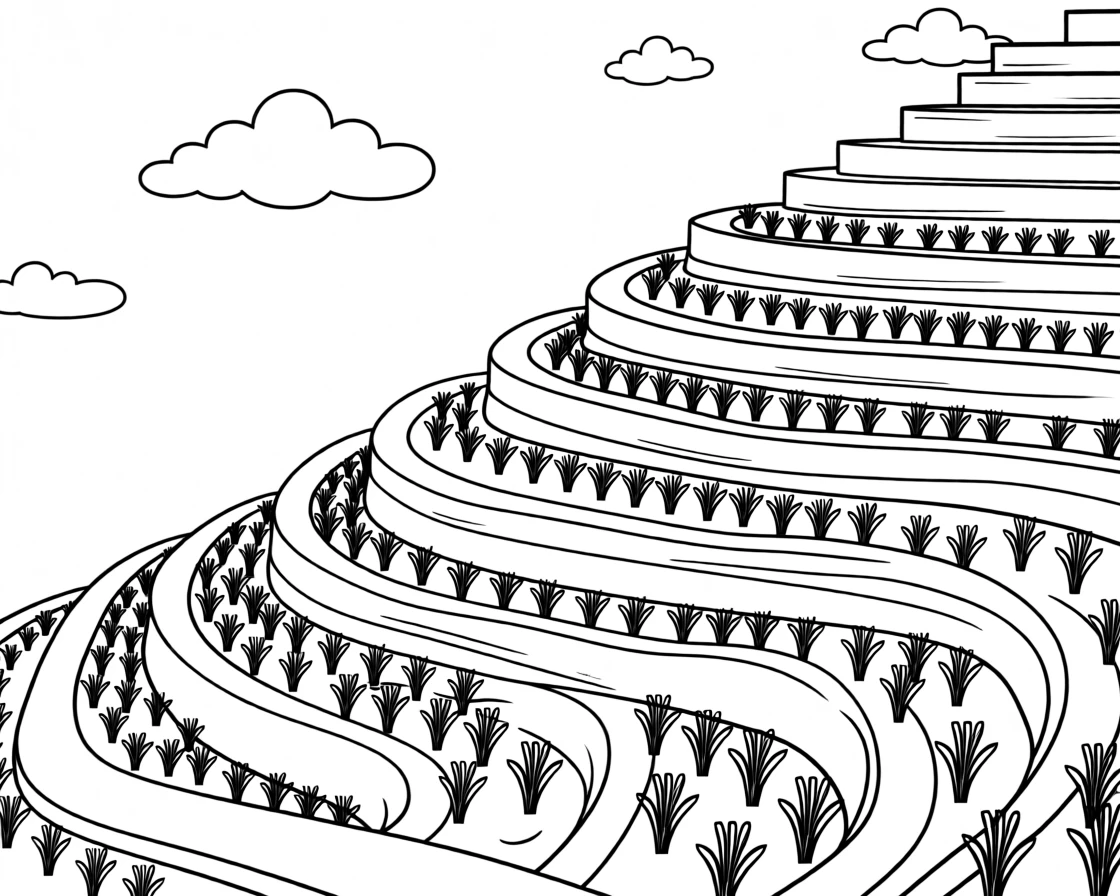 A rice paddy field with terraced steps up a hillside