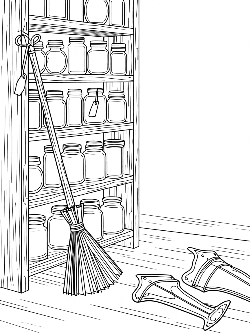 A broomstick leaning against a shelf of glass jars, with shards of broken armor scattered nearby.