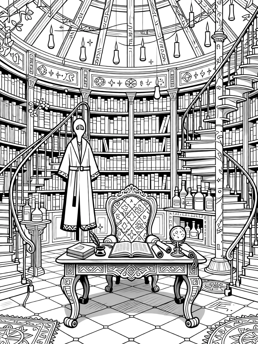 A wizard's library with spiral staircases and floating candles.