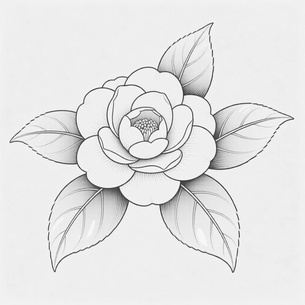 A single camellia flower with glossy leaves