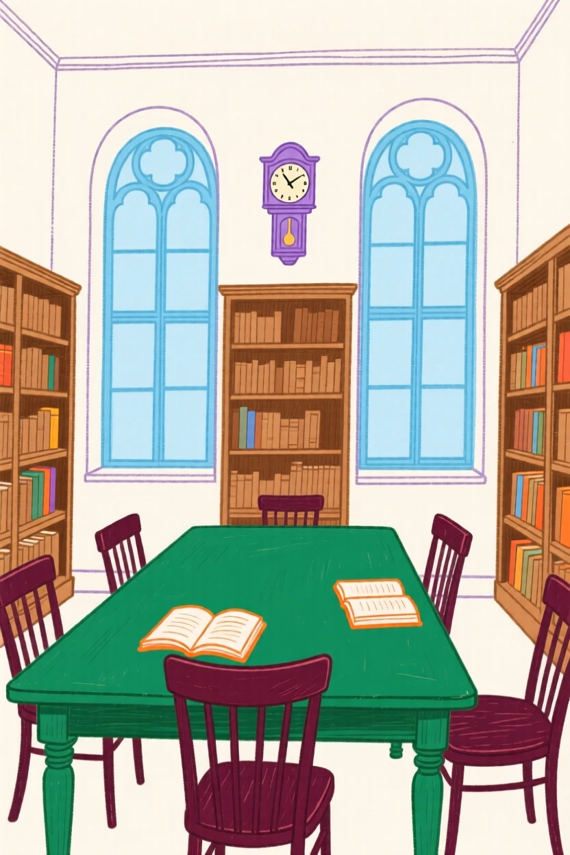 A quiet library reading room with tall arched windows.