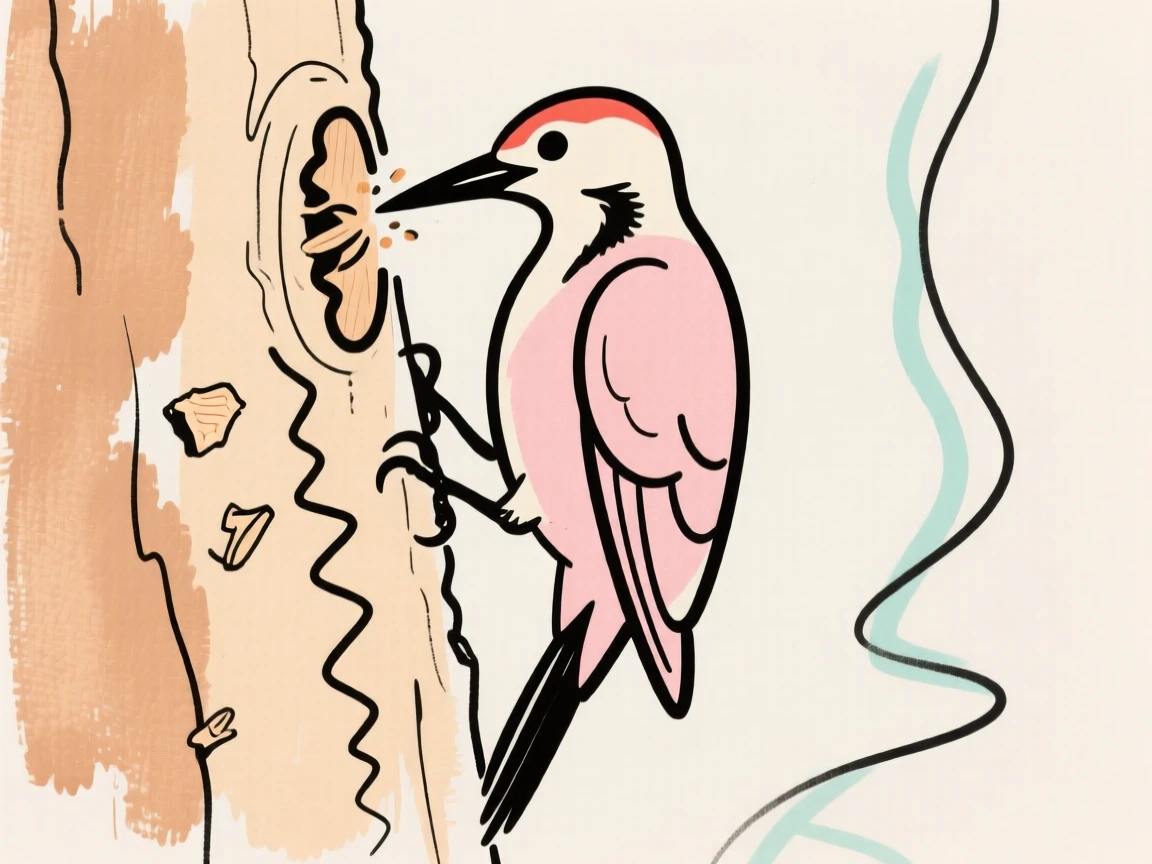 A woodpecker drilling into a tree trunk