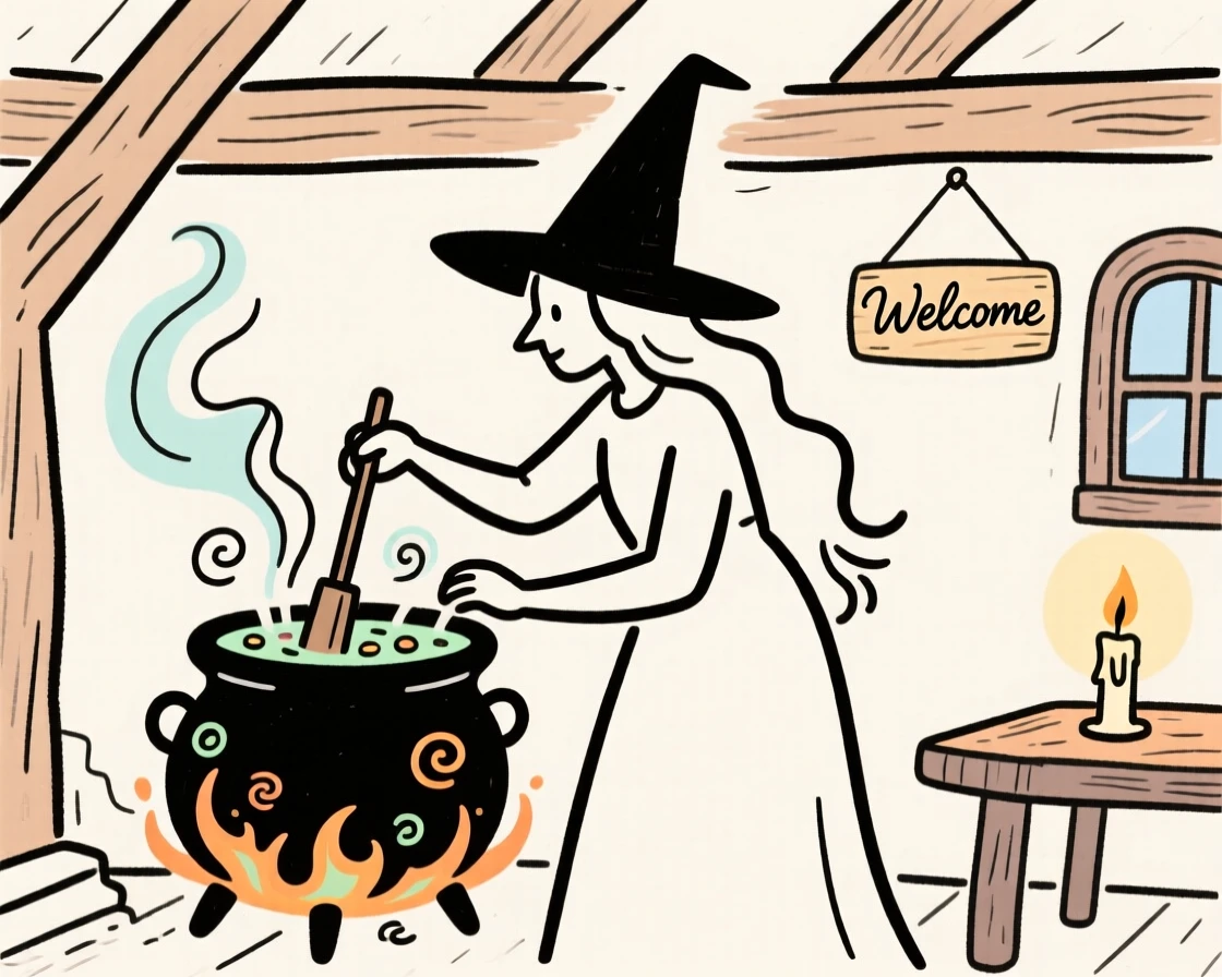 A witch stirring a bubbling cauldron inside a candlelit cottage.