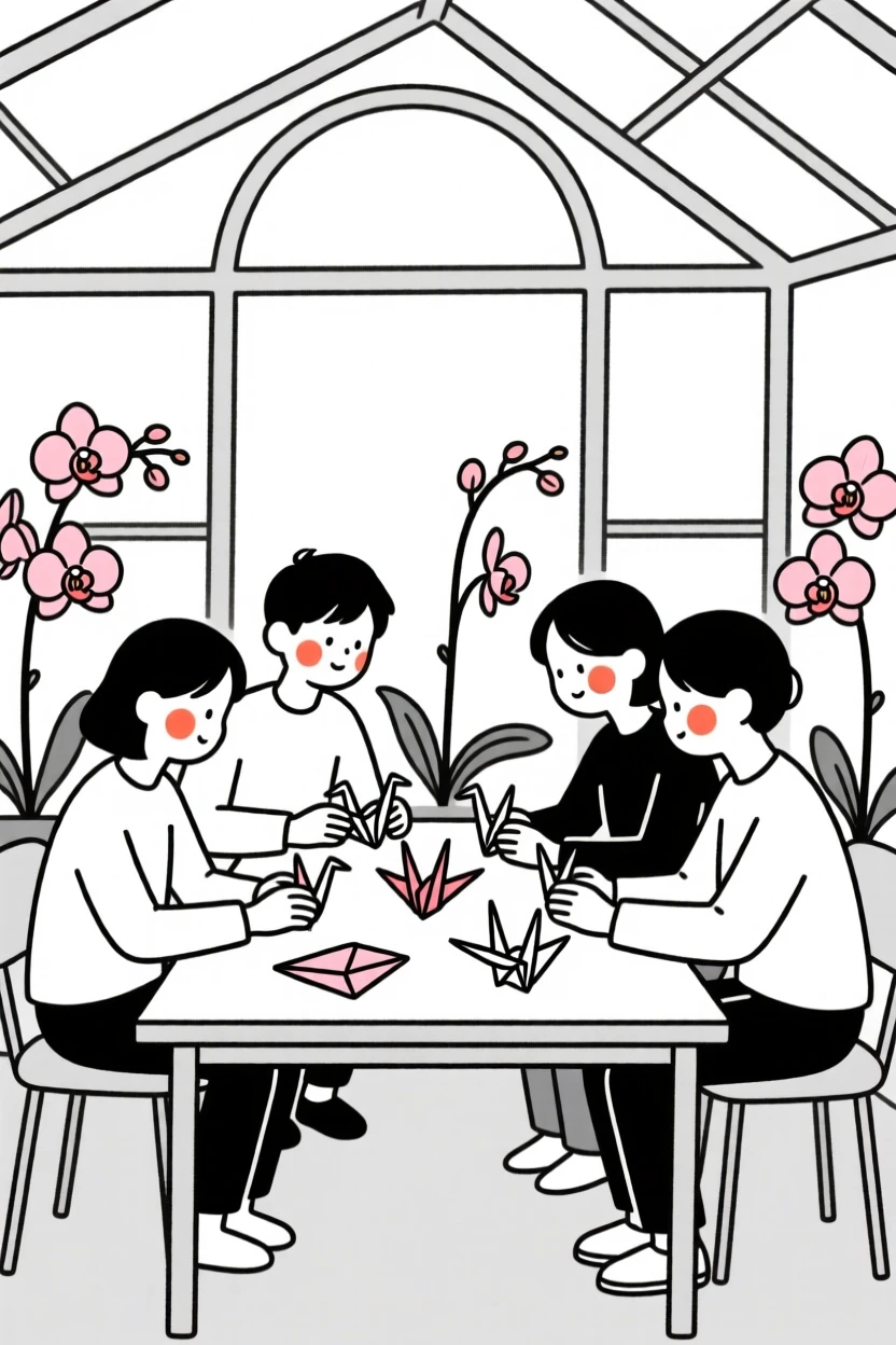 A group of friends folding paper cranes at a desk, in a greenhouse full of orchids.