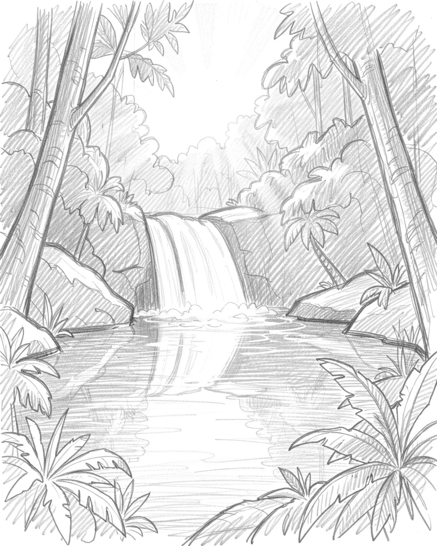 Sweeping landscape of a hidden jungle waterfall pool bathed in the warm glow of sunrise, with reflections mirrored perfectly in still water.