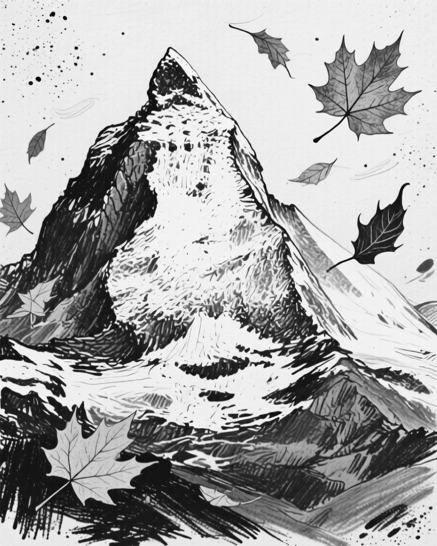 A snow-capped peak as autumn leaves drift on a gentle breeze.