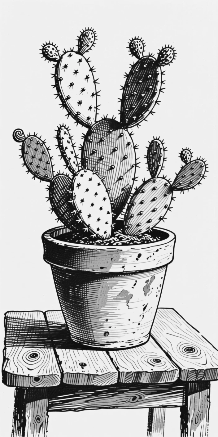 A cactus garden in a terracotta pot set against a rustic wooden table, with leaves curling gently at the tips, composed in a peacefully simple still-life arrangement.