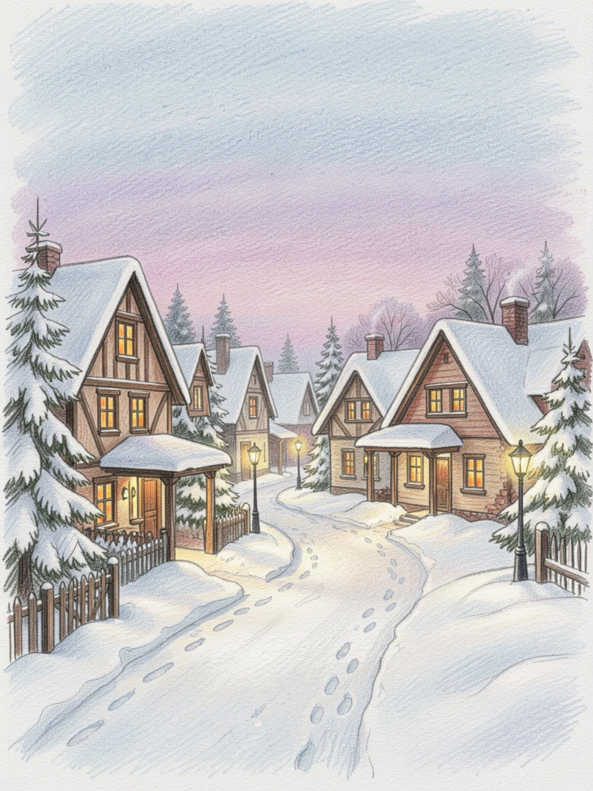 A snow-covered village with glowing windows on a quiet Christmas Eve, captured in the soft light of early evening, designed to feel heartwarming and festively memorable.