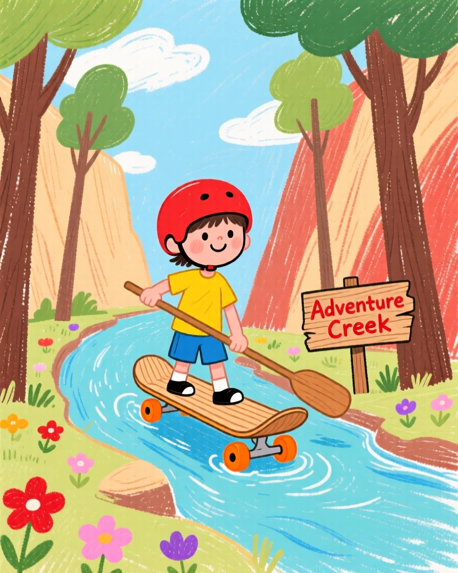 A young skateboarder paddling through a quiet forested canyon.