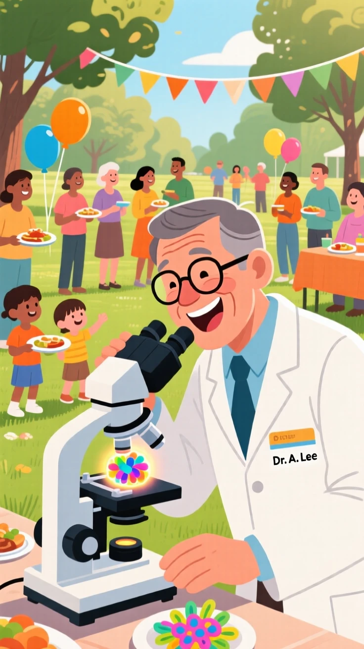 A scientist examining a colorful specimen under a microscope, at a cheerful outdoor community gathering, captured mid-laugh with authentic energy, with a sense of warmth and togetherness in every detail.