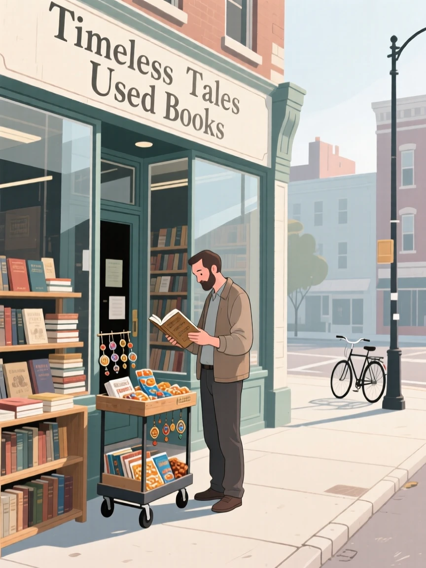 A street vendor browsing a used bookstore on a quiet weekday morning in the city.