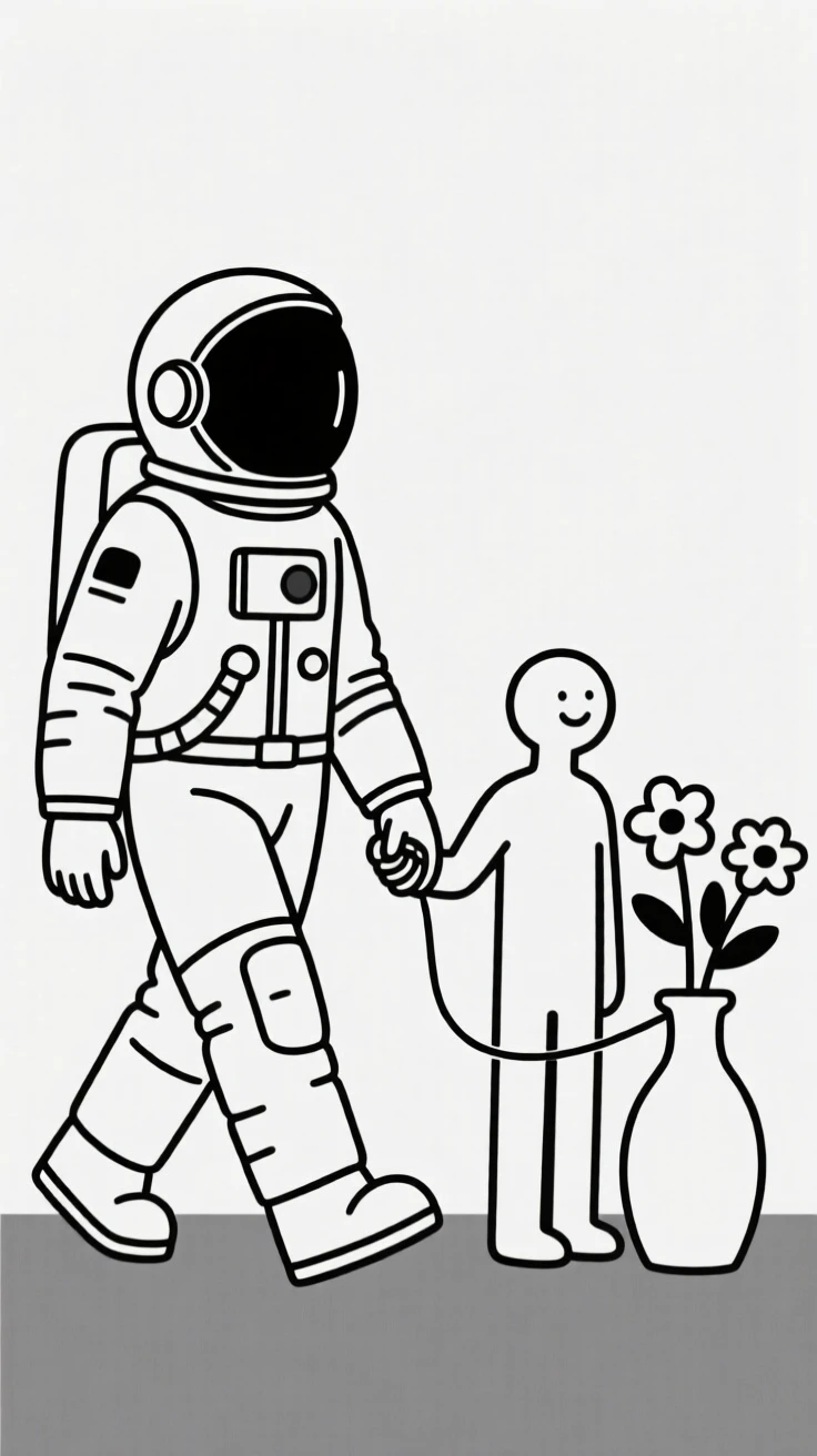 A portrait of an astronaut walking hand in hand near fresh flowers in a vase, filled with quiet joy.