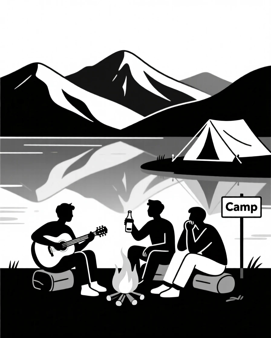 A group of friends camping beside a mountain lake.