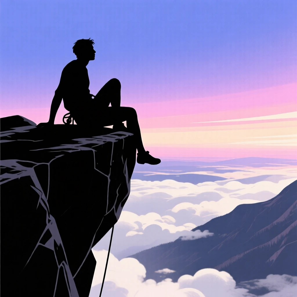 A climber resting on a rocky ledge high above a cloud-filled valley.