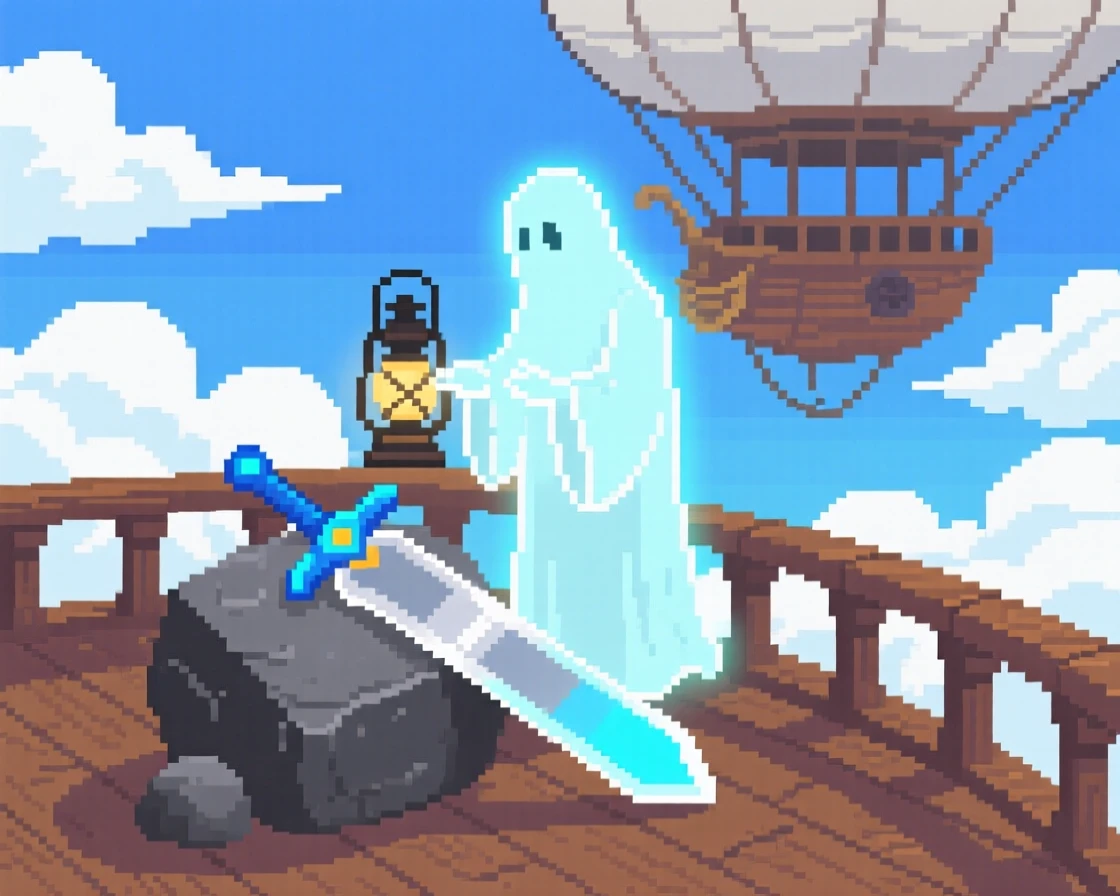A spectral lantern-keeper polishing a legendary sword on a stone, on the deck of an airship among the clouds.