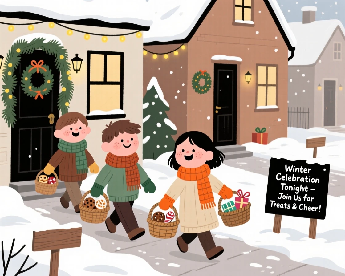 Children in knitted scarves and mittens carry baskets of treats through a quiet neighborhood street decorated for a winter celebration, giggling at every doorway.