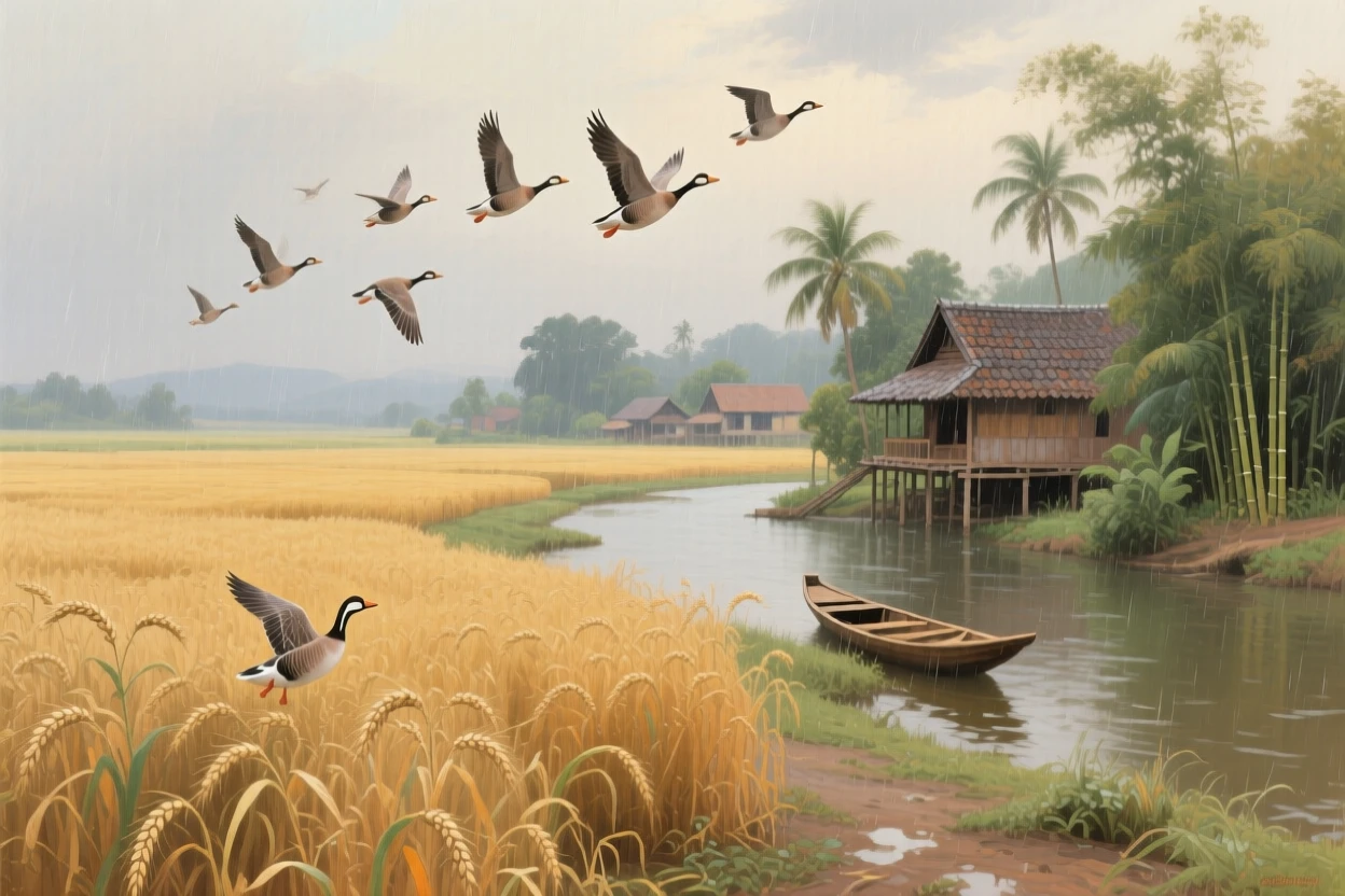 A broad landscape view of a flock of geese flying in formation over a golden wheat field, in a Thai river village, during a light rain.