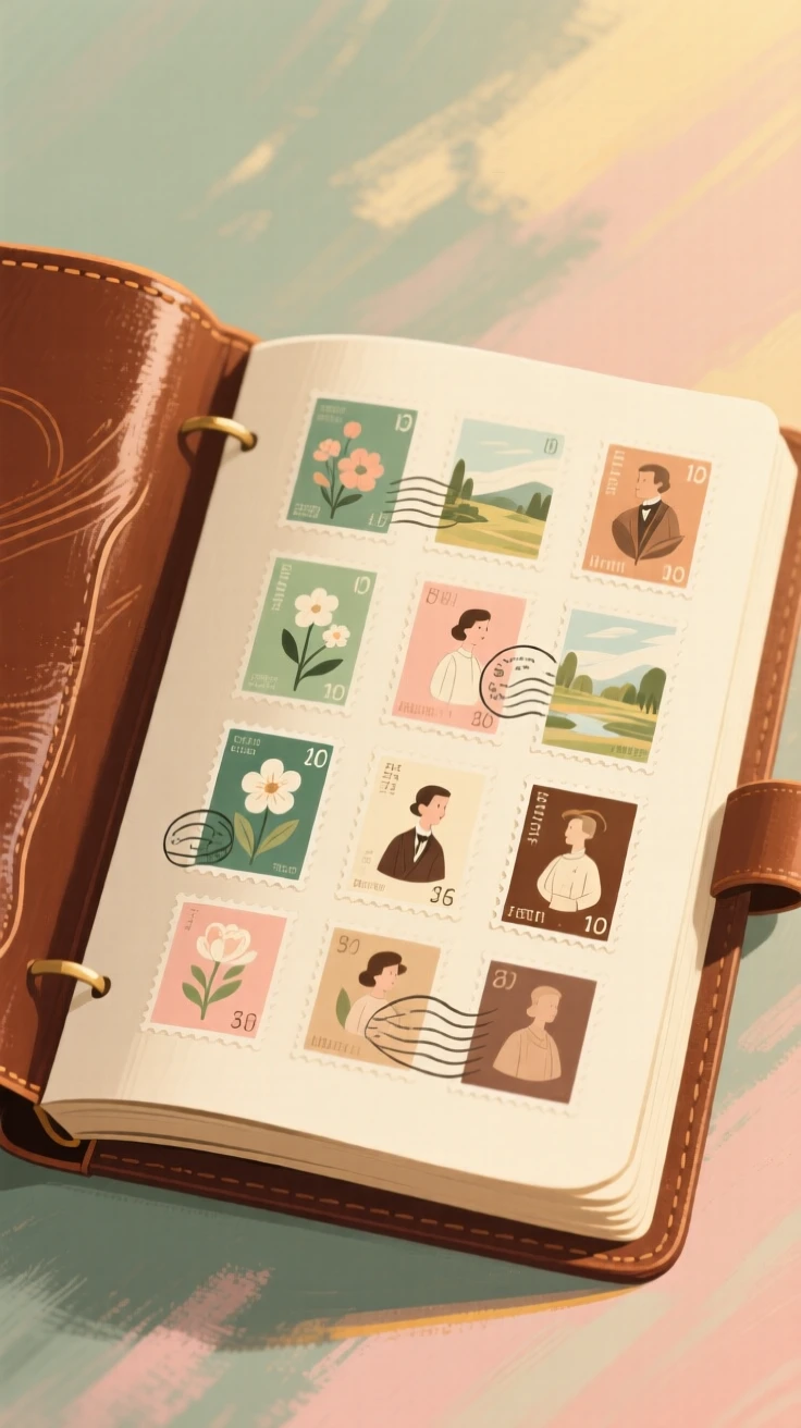 A collection of vintage postage stamps displayed in a leather album