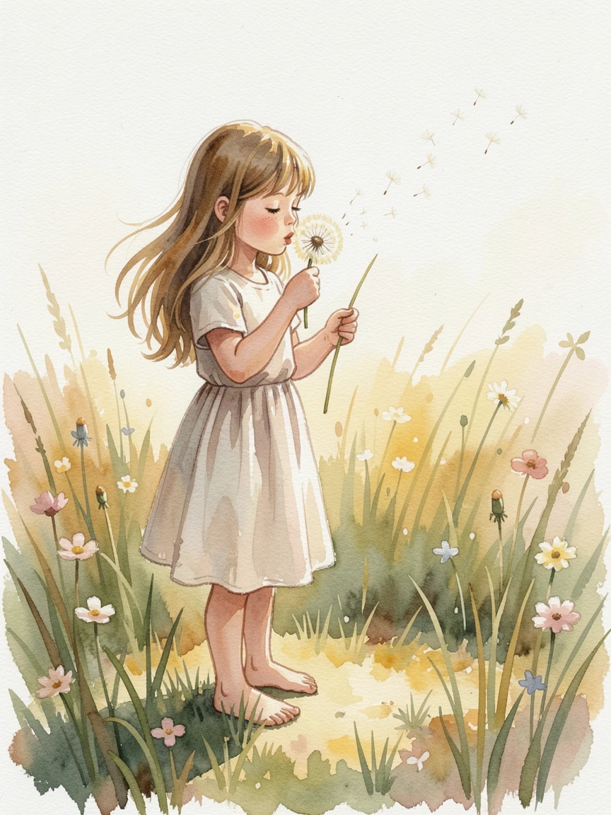 A little girl blowing dandelion seeds in a meadow.