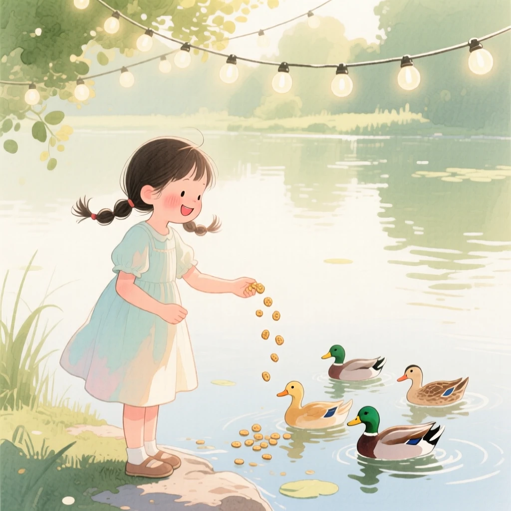 A girl with pigtails feeds ducks at a quiet pond under a canopy of string lights, laughter and joy filling the warm afternoon air