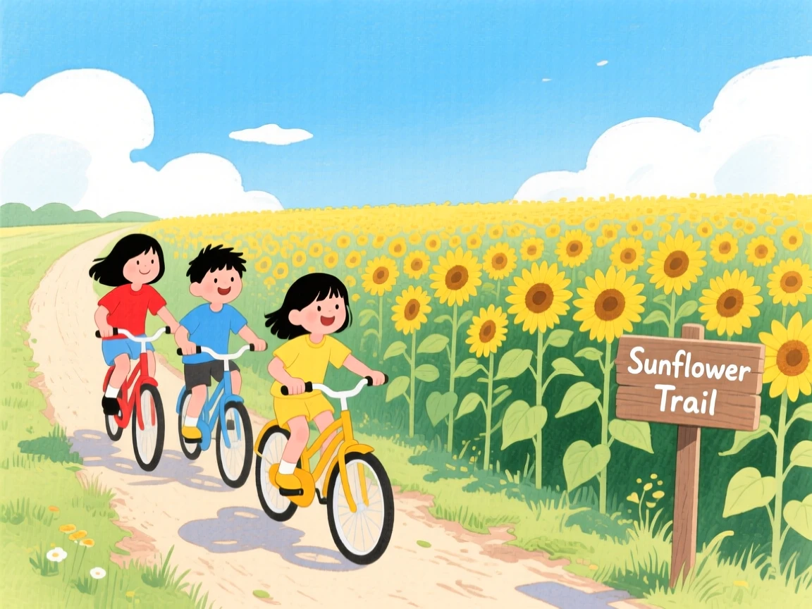 A picturesque view of children riding bicycles past a field of sunflowers.