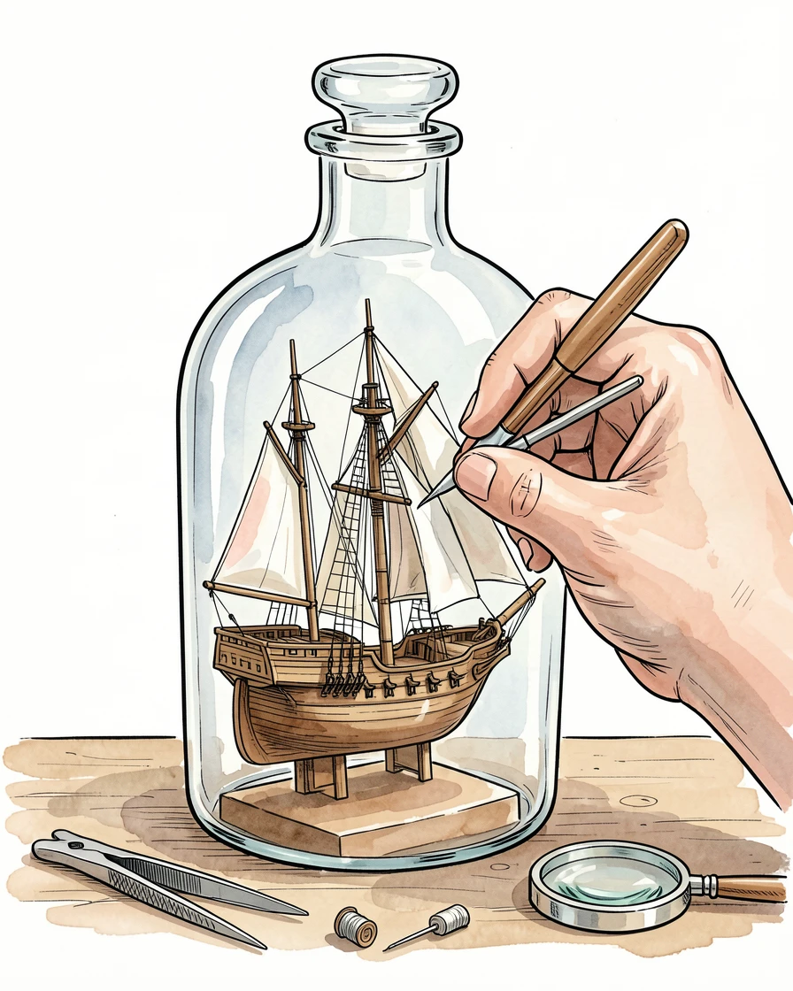 A model ship builder carefully rigging tiny sails inside a glass bottle