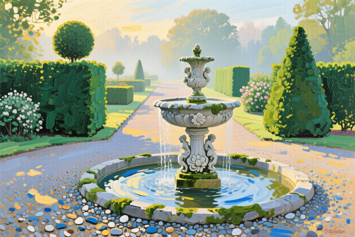 a formal garden with a fountain and clipped hedges, in soft morning light, composed along a natural leading line.
