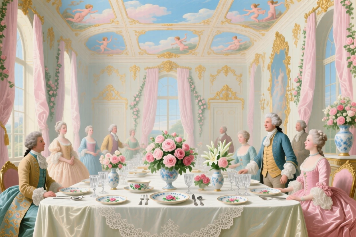 A grand banquet hall with a long table set beneath painted ceiling panels  
