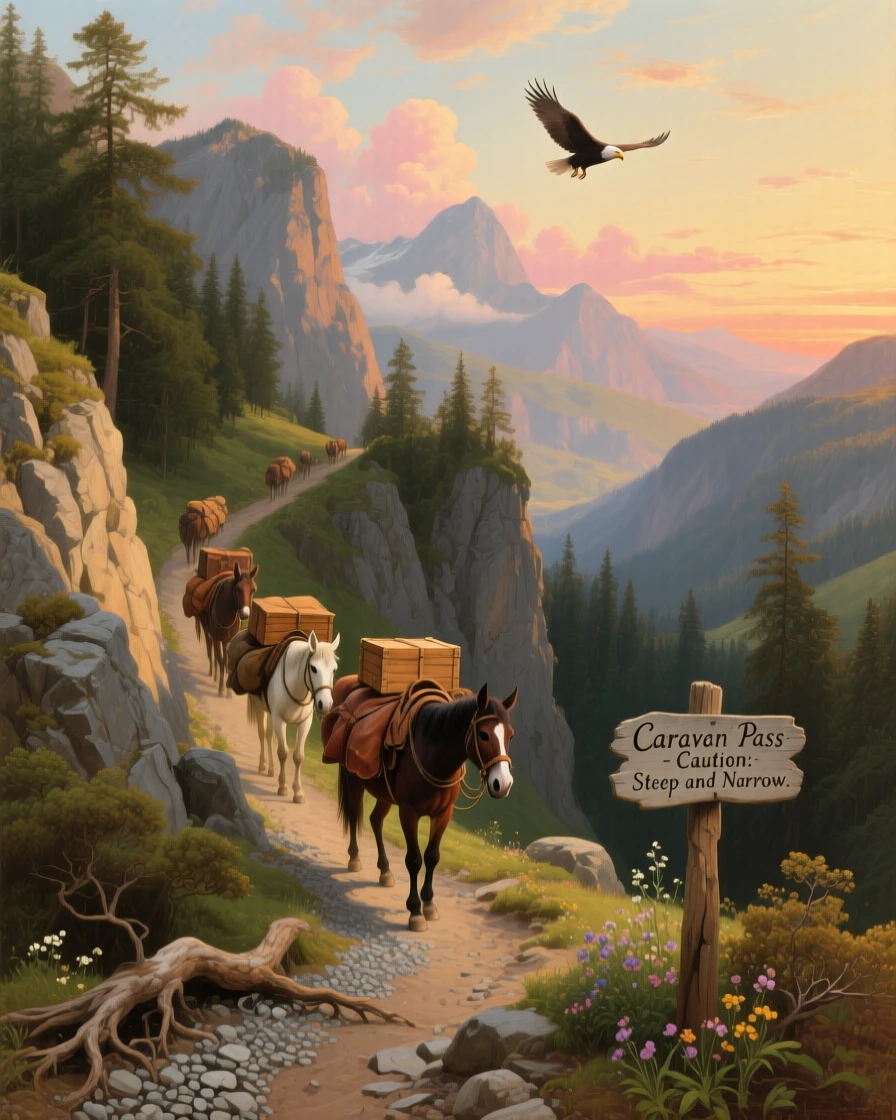 A caravan of mules winds along a narrow mountain trail.