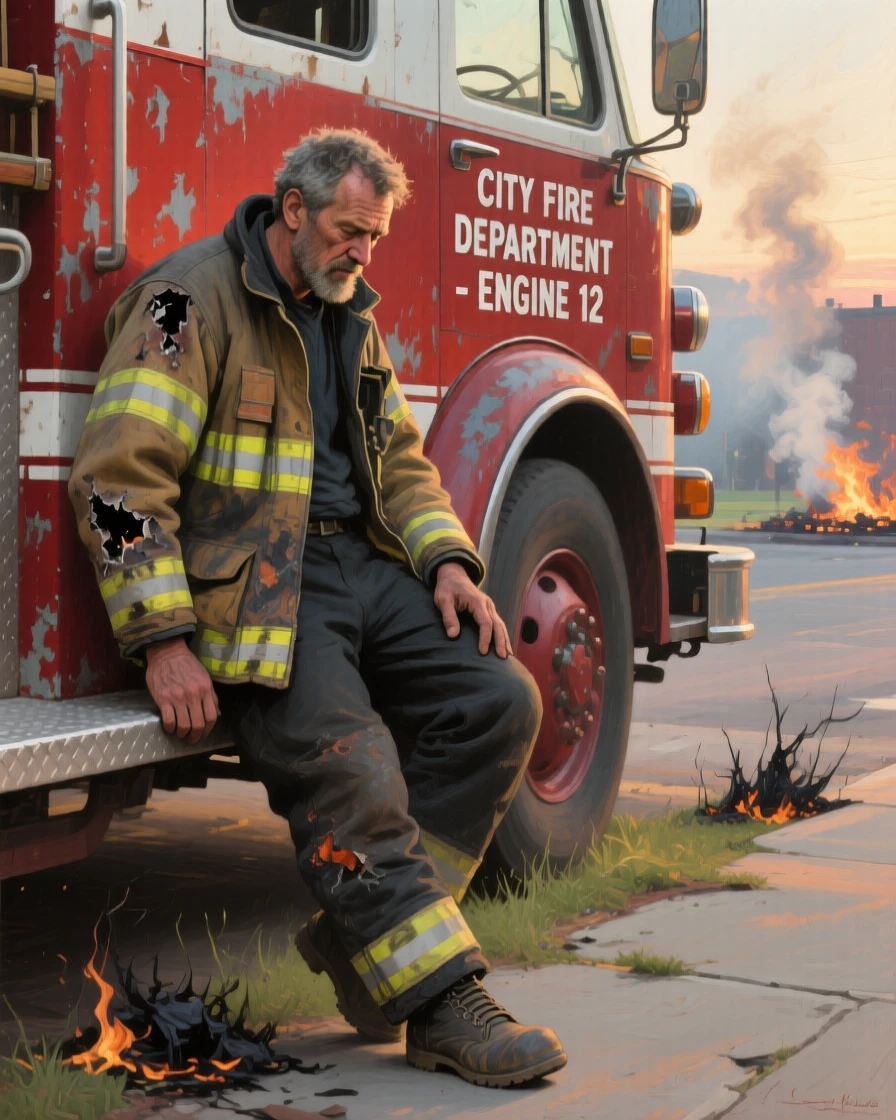 A weary firefighter resting against his truck after a long night's work, every wrinkle and expression telling a story of a life fully lived, radiating authenticity and heartfelt sincerity
